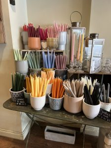 Coloured dinner candles at Bristol Floral Design