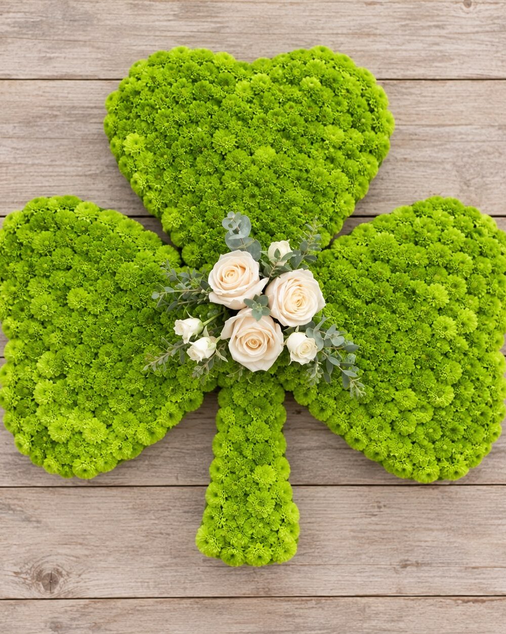 Green shamrock funeral tribute in chrysanthemum with ivory roses and eucalyptus, by Bristol Floral Design